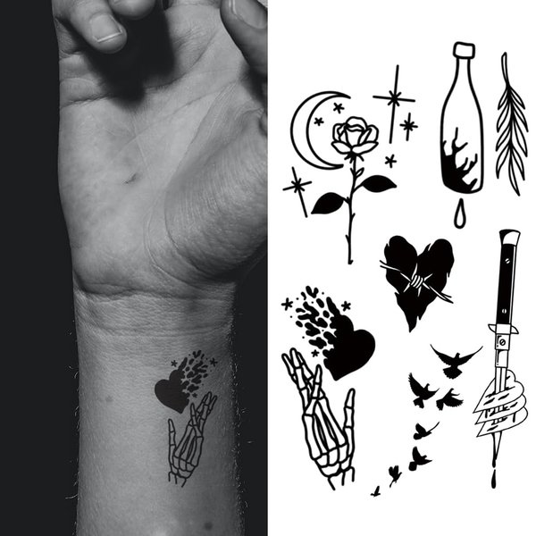 Oottati 2 Sheets Small Tiny Temporary Tattoo Stickers Old School Heart Rose Skeleton Hand Bird