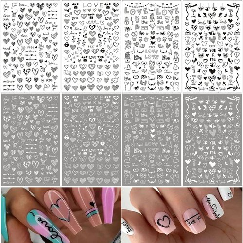 8 Sheets 3D Heart Nail Art Stickers Hearts Nail Decals Self-Adhesive Black White Heart Love Nail Stickers for Women Girls Kids Acrylic Nails Heart Nail Decor DIY Valentines Nail Decorations