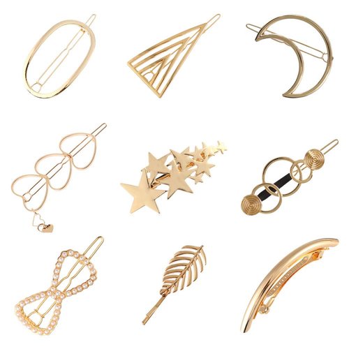 Lawie 9 Pack Trendy Gold Vintage Retro Geometric Minimalist Metal Hair Clip Snap Barrette Claw Crab Clamp Bobby Pins Alligator Pearl Hairclip Wedding Party Hair Styling Accessories for Women Lady