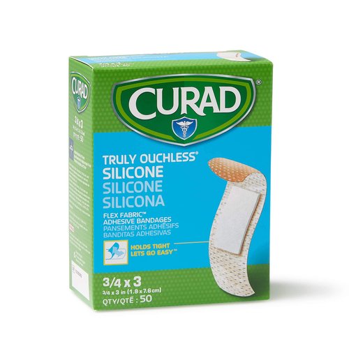 CURAD Truly Ouchless Silicone Adhesive Bandages, Fabric Bandages, For Delicate Sensitive Skin, 3/4X3 (50 Count)