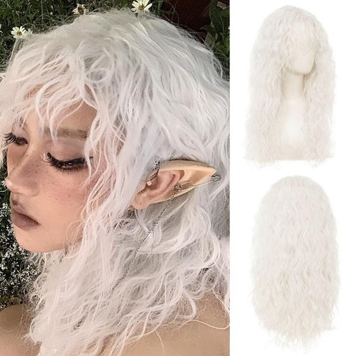 Amnenl White Long Wigs with Bangs for Women Curly Wavy Wigs Synthetic Soft Hair Cosplay Halloween Costume Wig