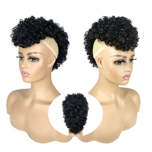 UAmy hair Afro Puff Mohawk Ponytail Jerry Curly Non Drawstring Ponytail Clip in Synthetic Fauxhawks Afro Puff Bun with Bangs Short Afro Kinky Curly Hair Bun Warp Hair Extensions with 6 BB Clips 1B