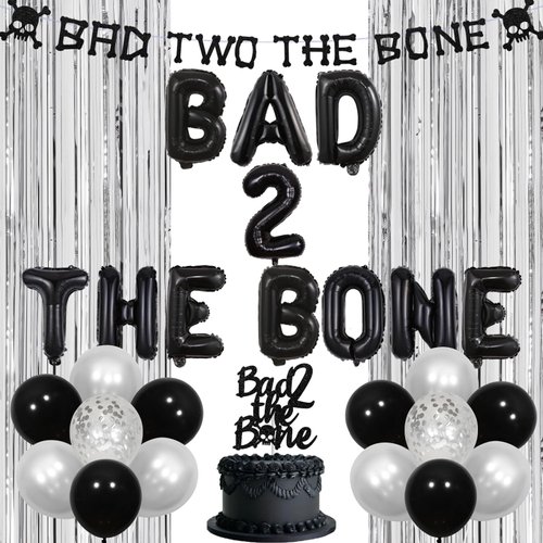 kreat4joy Bad Two The Bone Party Decorations Boy, Music Theme 2nd Birthday Decorations Foil Balloons Banner Cake Topper Fringe Curtain for Skeleton Rock and Roll Birthday Party