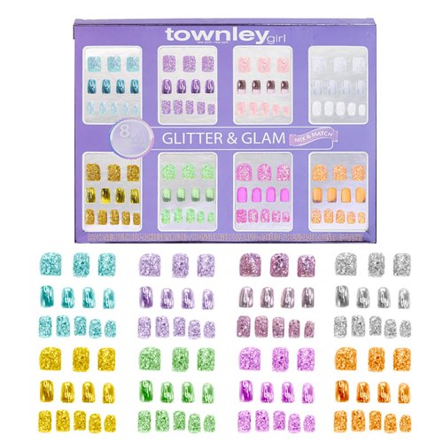 Townley Girl 96 PC Press- On Nails Set, Glitter and Glam, False Nails Set for Tweens with Pre-Glue Full Cover Acrylic Nail Tip Kit, Great for Gifts, Parties, Sleepovers and Makeovers
