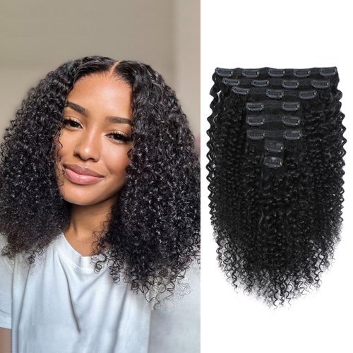 Geogroket Kinky Curly Clip in Hair Extensions for Women 3C 4A Kinky Curly Clip ins 8pcs 120g/set 10A Brazilian Virgin Human Hair Curly Hair Extensions Natural Black 18 Inch