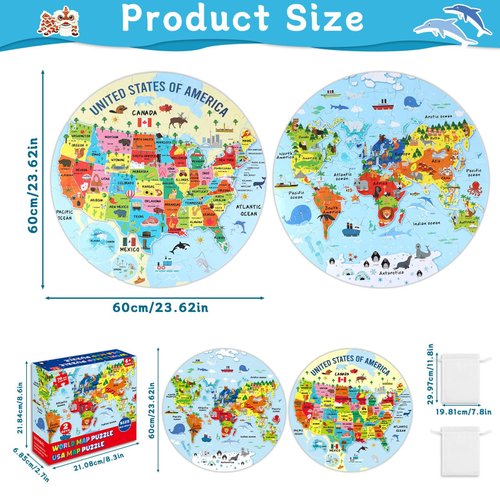 2 Sets Floor Puzzles World and United States Map Puzzles with Poster World and US Geography Jumbo Round Puzzle for Kids 4-8 Geography Educational Learning Toys Puzzles Christmas Birthday Gift 70 Pcs
