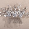 Teyglen Silver Rhinestone Headpiece Vintage Flower Wedding Hair Comb Crystal Bridal Side Comb Flower Leaf Hair Piece Hair Accessories Jewelry for Women (Silver)