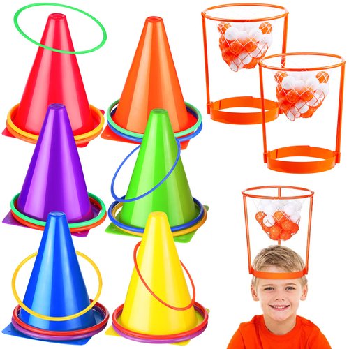Sotiff 51 Pcs Carnival Games for Kids Adults Include Plastic Cones Ring Toss Combo and Head Hoop Basketball Game Carnival Birthday Party Throwing Games Indoor Outdoor Activity Back to School Gift