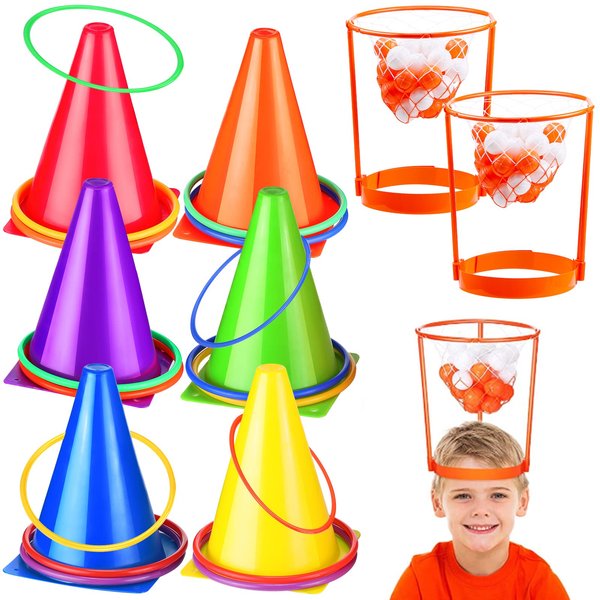 Sotiff 51 Pcs Carnival Games for Kids Adults Include Plastic Cones Ring Toss Combo and Head Hoop Basketball Game Carnival Birthday Party Throwing Games Indoor Outdoor Activity Back to School Gift