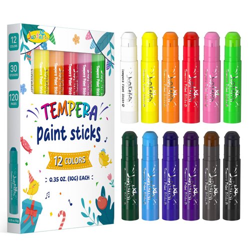 JUPITEARTH 12 Colors Tempera Paint Sticks with 120 PDF Coloring Pages and 30 Stickers, Quick Drying, Smooth, Non-Toxic and Washable Paint Sticks for Kids, Art Supplies for Drawing on Various Objects