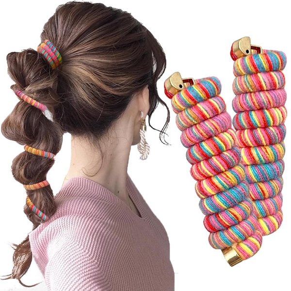 Rainbow Wool Spiral Hair Ties for Women No Damage Coil Hair Ties for Girls Hair Scrunchies Colorful Telephone Wire Hair Tie Elastic Hair Bands Ponytail Holders Telephone Line Hair Accessories, 2pcs