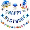 66Pcs Outer Space Birthday Party Supplies for Kids Universe Space Theme Party Decorations with Solar System Happy Birthday Banner Cupcake Toppers Rocket Astronaut Spaceship Balloons Planet Themed