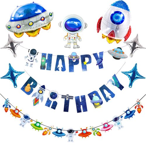 66Pcs Outer Space Birthday Party Supplies for Kids Universe Space Theme Party Decorations with Solar System Happy Birthday Banner Cupcake Toppers Rocket Astronaut Spaceship Balloons Planet Themed