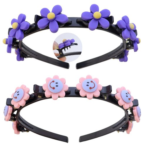 TCOTBE 2 Pack Cute Double Layer Braided Headbands with Clips Double Bangs Cartoon Twist Plait Hairbands Hollow Woven Headband Sweet Girl Princess Hairstyle Hair Accessories for Girls Teens