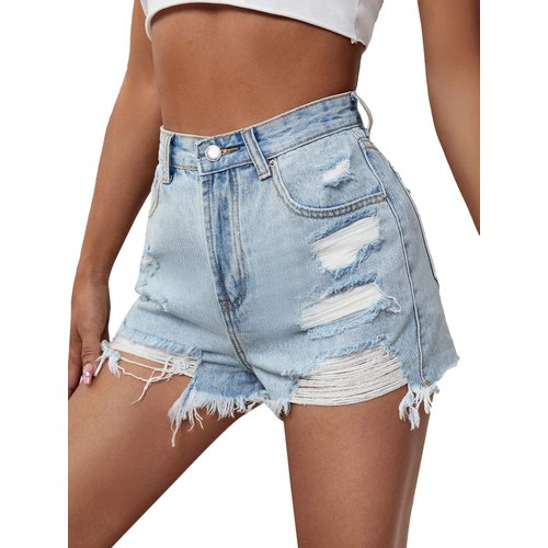 Floerns Women's Ripped Raw Hem High Waisted Distressed Denim Shorts A Light Wash M