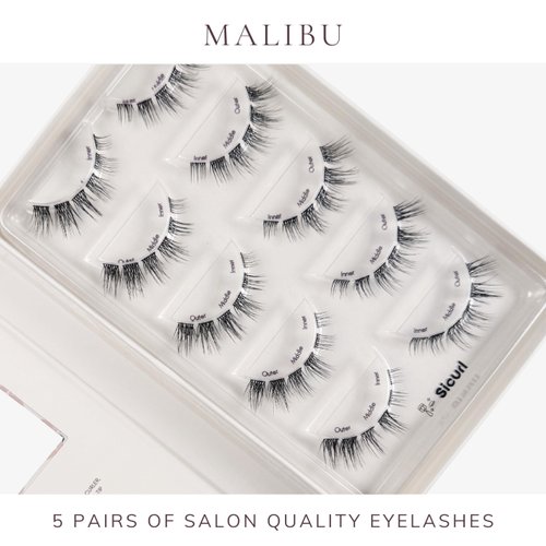 Sicurl The Malibu Lashes, Natural Fluffy Lightweight Eyelashes, False Eyelashes Everyday Use, Individual Lashes, Easy to Apply, No Lash Glue Included (8-14mm), 5 Pairs Eyelashes