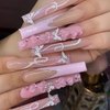 24Pcs Long Square Press on Nails Pink French Tip Fake Nails Silver Glitter with Flower Full Cover Tips Glue on Nails Artificial Acrylic False Nails Butterfly Charms Design for Women Nails Decorations