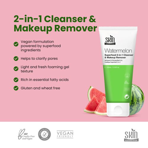 Skin Superfood 2-in-1 Watermelon Cleanser & Makeup Remover. Natural & Vegan 3.38 Fl Oz