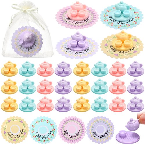 Rotatingpals 24 Sets Tea Party Favors Mini Teapots Teacups Set miniature tea cups Gift Resin Figures with Cards 4 Colors for Kids Carnival Prizes Tea Themed Birthday Party Supply