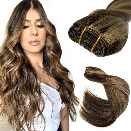 Sew in Hair Extensions Real Human Hair,Balayage Weft Hair Extensions Human Hair Dark Brown Highlighted Ash Brown Hair Extensions Human Hair Bundles Hand Tied Weft Hair Extensions Human Hair 22" 120G