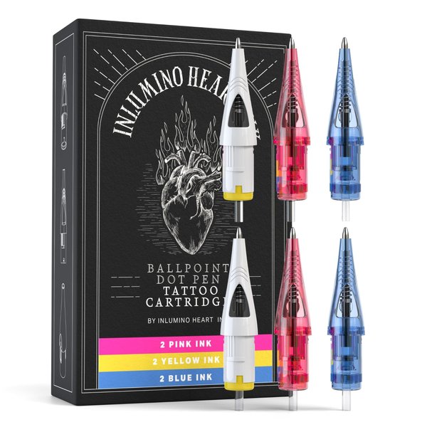 Inlumino Heart Ink Ballpoint Dot Pen Tattoo Cartridge for Tattoo Practice on Paper. 6 0.5mm Tattoo Cartridges for Beginners to Learn How to Tattoo, 2 Yellow, 2 Blue, and 2 Pink