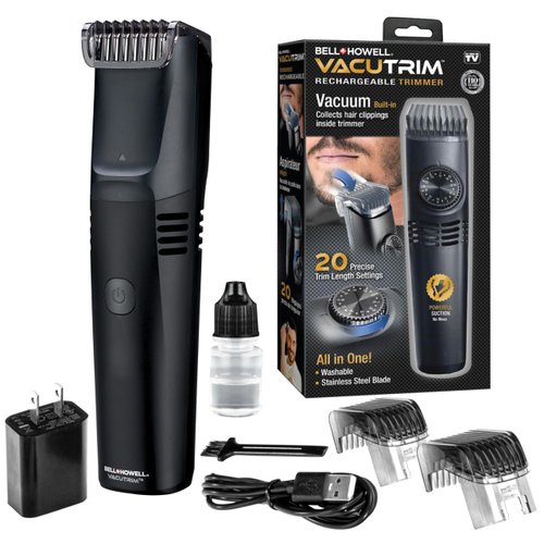 Vacutrim Cordless Mens Beard Trimmer, Rechargeable Electric Shaver with 20 Trim Setting Calibration Dial and Built-in Vacuum for Mustache, Sideburns. Facial Hair, Black, 7.5", As Seen On TV