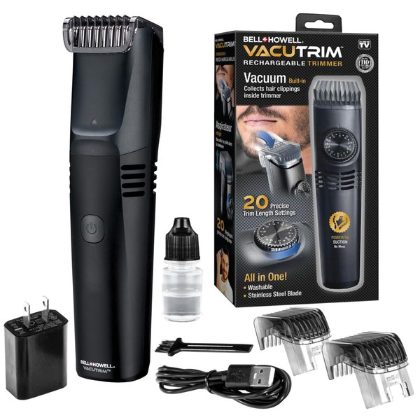 Vacutrim Cordless Mens Beard Trimmer, Rechargeable Electric Shaver with 20 Trim Setting Calibration Dial and Built-in Vacuum for Mustache, Sideburns. Facial Hair, Black, 7.5", As Seen On TV