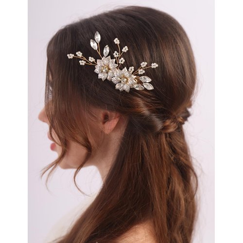 BERYUAN Gold Leaves Flower Pearls Hair Clips Gold Wedding Hair Clips Wedding Bridal Hair Clips Pe...