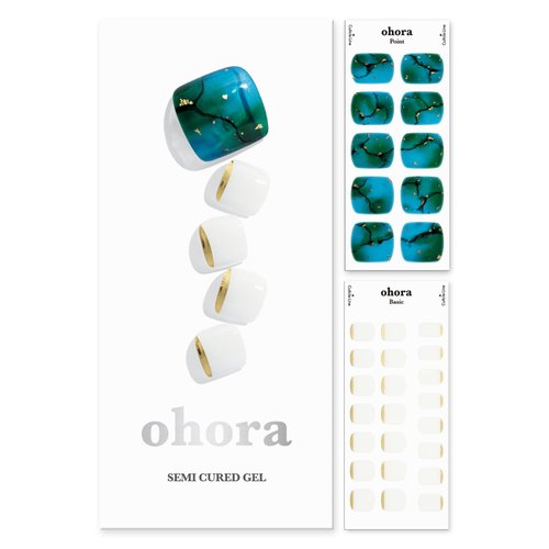 ohora Semi Cured Gel Nail Strips (P Tide Pool) - Blue/White, Patterned, Works with UV/LED Lamps, Salon-Quality, Long Lasting, Easy to Apply & Remove - Includes 2 Prep Pads, Nail File & Wooden Stick