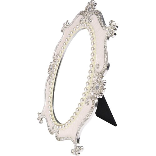 Nerien Vintage Vanity Tabletop Mirror, Metal Oval Decorative Makeup Mirror with Stand, Antique Table Cosmetic Mirror, Coquette Countertop Desk Dresser Mirror for Home Bedroom Bathroom (White, S)