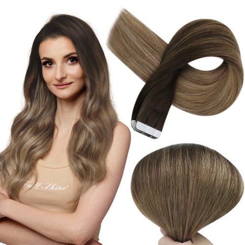 Full Shine Tape in Hair Extensions Human Hair Dark Brown to Chestnut Brown Highlighted Ash Blonde 12 Inch Human Hair Extensions Double Sided Tape in Hair Natural Remy Hair Straight Hair 30 Gram 20pcs