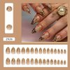 Gold French Tip Press on Nails Short Almond Fake Nails Nude False Nails With 3D Gold Irregularity Chrome Design Glue on Nails Glossy Acrylic Full Cover Star Moon Stick on Nails for Women 24Pcs