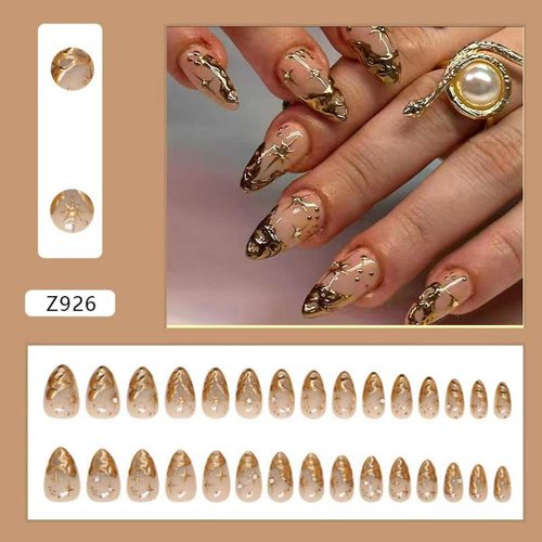 Gold French Tip Press on Nails Short Almond Fake Nails Nude False Nails With 3D Gold Irregularity Chrome Design Glue on Nails Glossy Acrylic Full Cover Star Moon Stick on Nails for Women 24Pcs