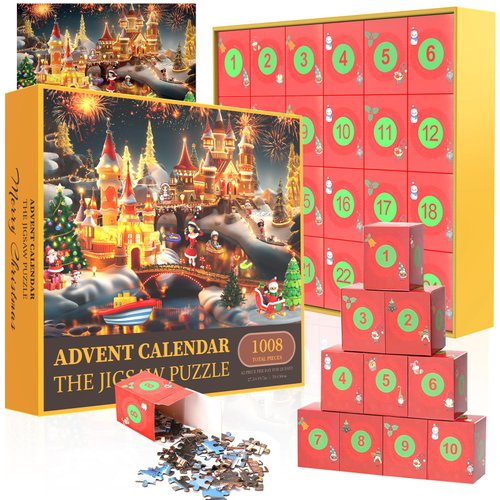 Advent Christmas Puzzle 2024, With 24 Days Surprise Box of 1008 piece advent puzzles, Paper Advent Calendar,Holiday Decorative Paintings,puzzle game for Adults, Teens, Kid (Green) (Yellow)