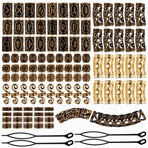 EBANKU 110 PCS Viking Beard Bead, Metal Dreadlocks Beads for Hair Braids Antique Norse Hair Beads with Pull Hair Pin for Hair Braid Bracelet Pendant Necklace DIY Jewelry Hair Decoration (Ancient gold)
