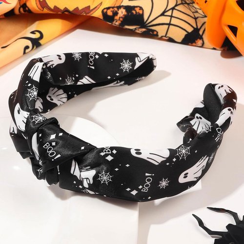 FULANSI Halloween Headband Black Knotted Headbands for Women Cute Halloween Hair Accessories Ghost Spider Hair Band Stretchy Elastic Wide Hair Hoop Party Supplies Decoration