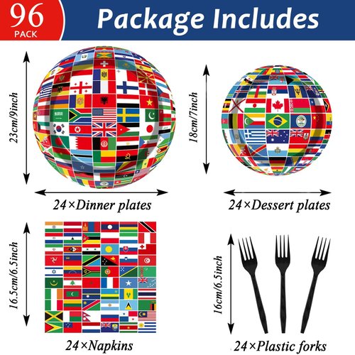 96Pcs International World Flags Party Supplies Country Flag Paper Plates Napkins Travel Trip Around the Globe Party Decorations World Flag Dinnerware Party Favor for Birthday Party Tableware Serves 24