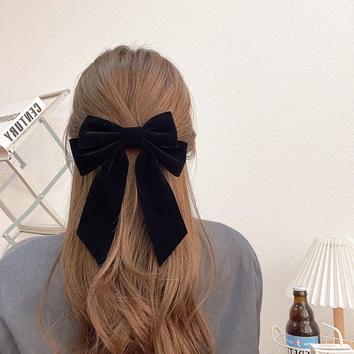 Andelaisi Vintage Black Velvet Bow Hair Clips Long Tail Satin Hairclips Barrettes Velvet Ribbon Hair Clip Barrette French Bowknot Hairclip Headwear Winter Decorative Hair Accessories for Women (Black)