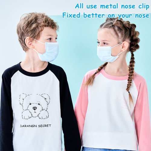 mystcare Kids Disposable Face Mask 50 Pack Ages 5-12 Filter 3-Layer Safety Face Masks for Kids Daily Use.All Metal Nose Clips(Blue)