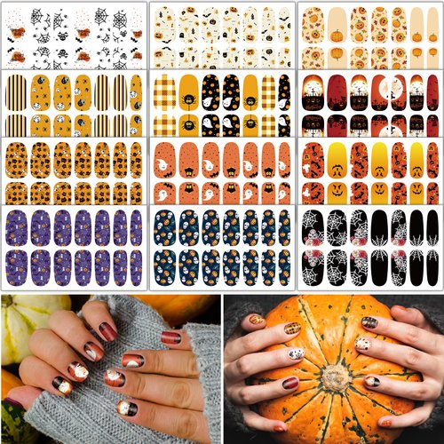 TailaiMei 12 Sheets Halloween Nail Wraps Stickers Nail Polish Strips Self-Adhesive Full Wraps with 2 pcs Nail Files for DIY Nail Art Decals (Pumpkin Style)