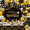 Black and Gold Birthday Decorations, Gold and Black Party Decorations for Men Women, Happy Birthday Decorations with Tablecloth, Happy Birthday Banner Backdrop Star Foil Balloons Bday Decor for Men