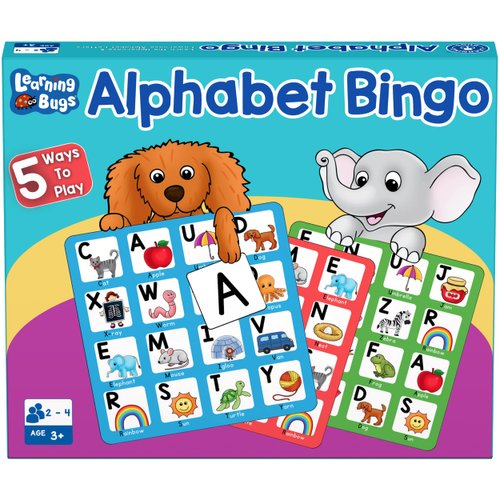 LEARNING BUGS Alphabet Bingo, Learn Capital and Lowercase Letters, ABC Board Game for 2 to 4 Players