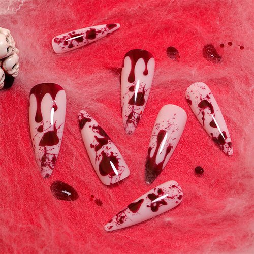 Halloween Blood Press on Nails 24Pcs for DIY Manicure Long Stiletto Glossy Red Blood Acrylic False Nails Bloody Fake Nails Gel Glue on Nails Stick on Nails for Women Girls Vampire Design