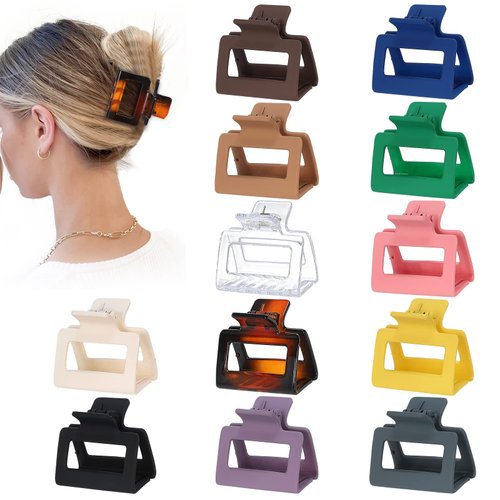 Sisiaipu 2 Inch Medium Hair Claw Clips 12 Pcs Square Hair Clips for Thin Hair Matte Nonslip Acrylic Banana Jaw Clips Bulk Hair Accessories for women and Girls - Basic