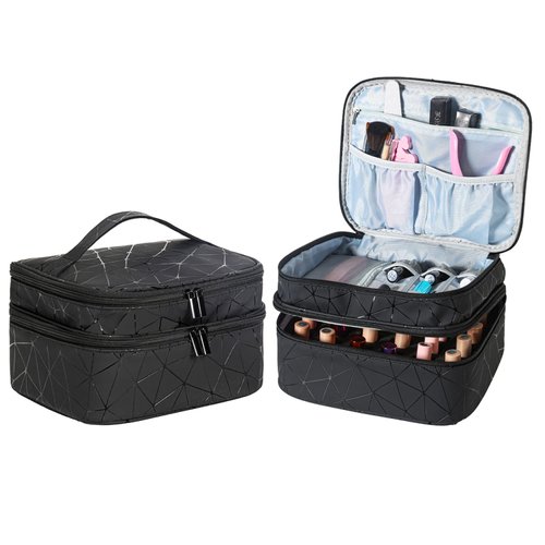 ZFZGFRCS Nail Polish Organizer- Holds 30 Bottles Nail Supply Organizers and Storage Double-layer Nail Polish Carrying Case Nail varnish Organizer Nail Polish Storage Bag with Handle (Black-a)