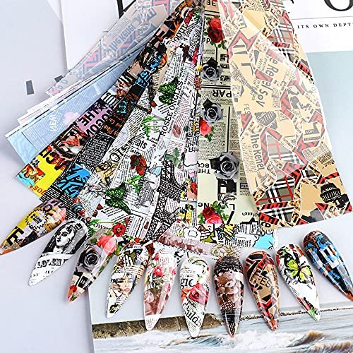 CHANGAR 10 Sheets Nail Foil Sticker Newspaper Magazine Style Foil Transfer Nail Decals Nail Foil Adhesive Stickers Starry Sky Manicure Transfer Tips Nail Art DIY Decoration