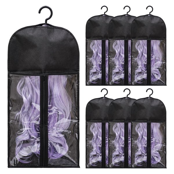 6PCS Hair Extension Holder Wig Storage Bags with Hanger for Multiple Wigs, Dust-proof Wig Hanger Hair Extension Storage Wig Bags for Hair Extensions, Wigs & Accessories