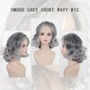 XIUFAXIRUSI XIUFAXIRUSI Medium Grey Wavy Bob Wigs for Women Gray to White Layered Wig Old Lady Synthetic Wig for Daily Party Costume Halloween Use
