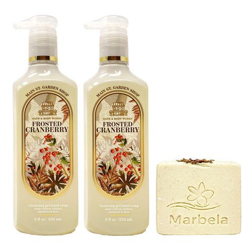 Bath & Body Works Frosted Cranberry 2 Pack Cleansing Gel Hand Soap Bundle with a Creamy Rose Bar Soap