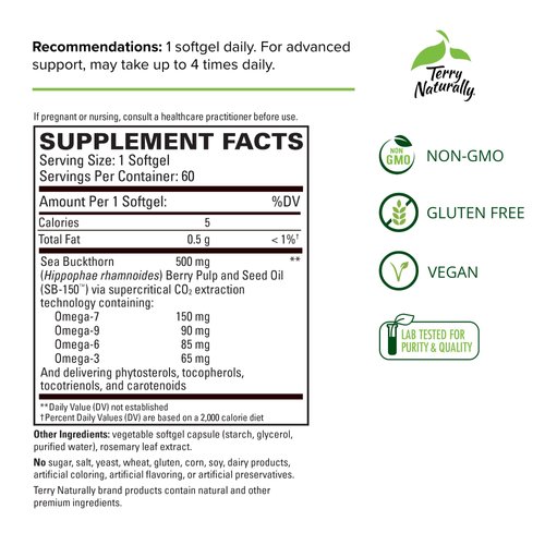 Terry Naturally Omega-7 Dry Eye Relief - 500 mg Sea Buckthorn, 60 Vegan Softgels - Eye Moisture Support Supplement, with Omegas 7, 9, 6 & 3 - Non-GMO, Gluten-Free - 60 Servings